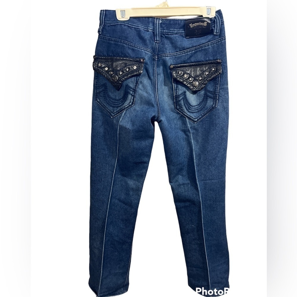 Cyber Y2K Imperious Faux Leather Denim Jeans Studded Flap Pockets 34X34 Baggy